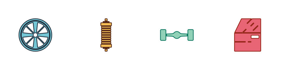 Set Alloy wheel, Shock absorber, Chassis car and Car door icon. Vector