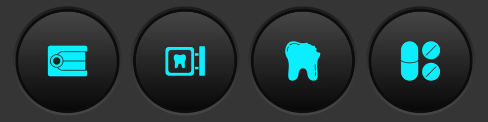 Set Dentures model, Dental clinic location, Broken tooth and Painkiller tablet icon. Vector