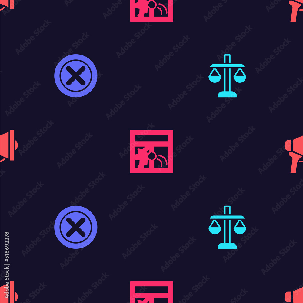Poster set scales of justice, x mark, cross in circle, broken window and megaphone on seamless pattern. vec