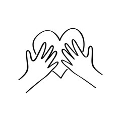 Kids hands holding heart. Charity donation, social care concept. Vollunteer logo. Outline illustration in hand drawn style