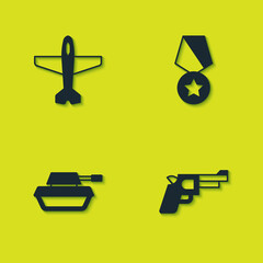 Set Plane, Pistol or gun, Military tank and reward medal icon. Vector