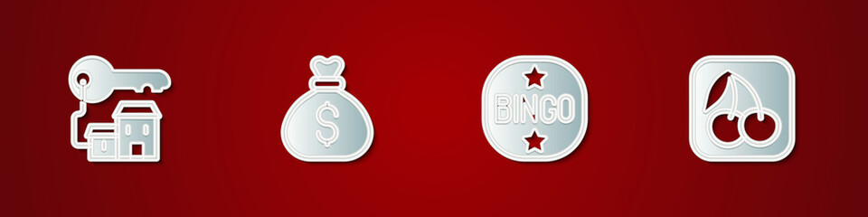 Set Winning house with key, Money bag, Bingo and Slot machine cherry icon. Vector