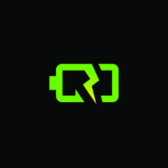 Battery charging symbol with bolt and letter R