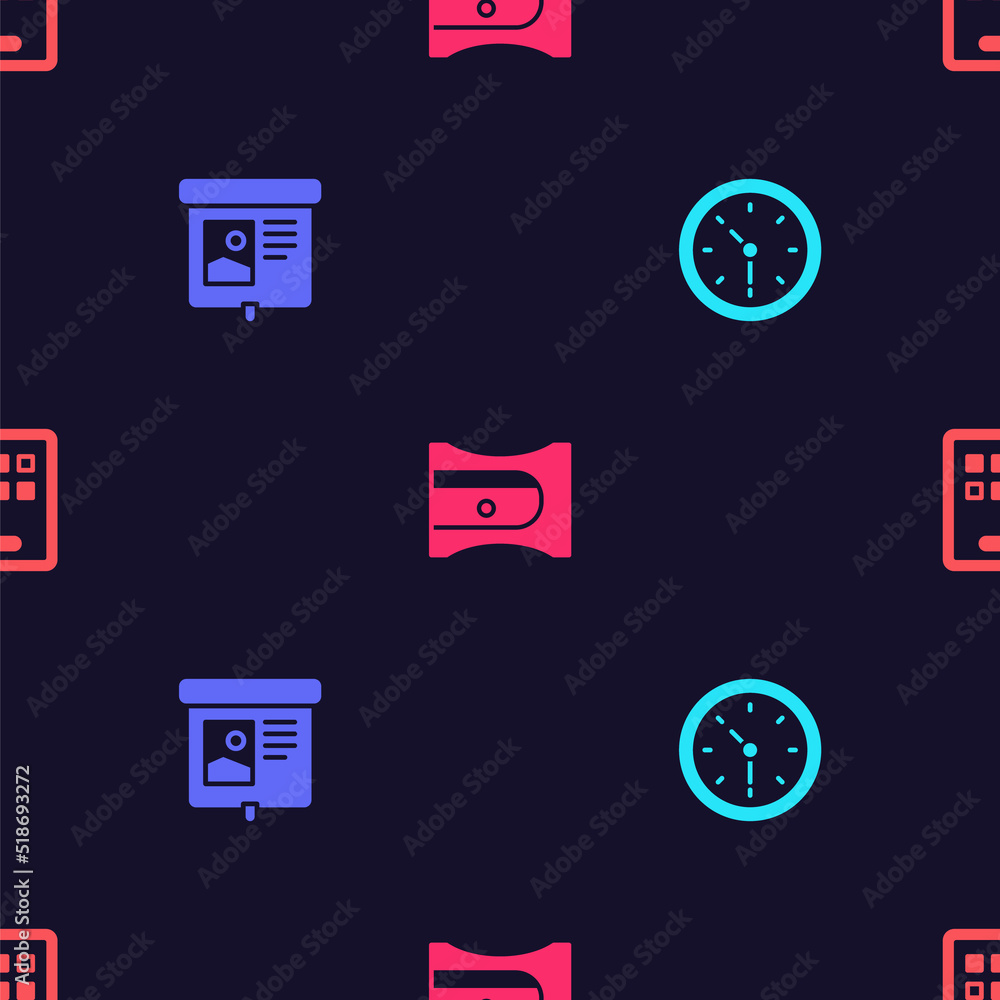 Poster Set Clock, Projection screen, Pencil sharpener and Graphic tablet on seamless pattern. Vector