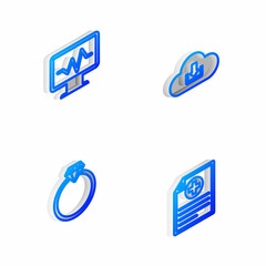 Set Isometric line Cloud download, Monitor with cardiogram, Diamond engagement ring and Clinical record icon. Vector