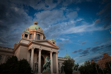 Main entrance to the National Assembly of the Republic of Serbia in Belgrade. Also known as Narodna...