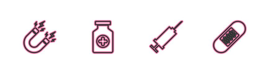 Set line Magnet with lightning, Syringe, Medicine bottle and Bandage plaster icon. Vector