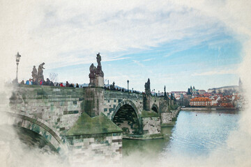 Fototapeta na wymiar Prague Charles Bridge and Vltava river digital watercolor illustration in old town of Prague, Czech Republic. Digital painting of iconic scenery in Prague 
