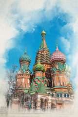 Fototapeta na wymiar The Cathedral of Christ the Savior, digital watercolor illustration. Digital painting of Russian Orthodox cathedral in Moscow, Russia