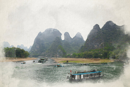Li river and karst mountains in Yangshuo, Guangxi, China. Digital watercolor illustration of scenic landscape in China