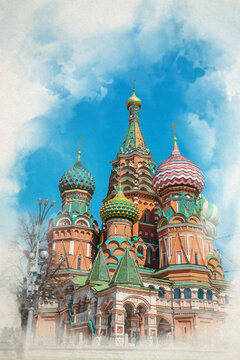 The Cathedral of Christ the Savior, digital watercolor illustration. Digital painting of Russian Orthodox cathedral in Moscow, Russia