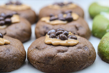 chocolate chip cookies on table close up 