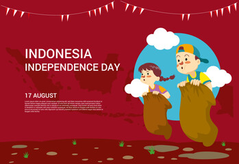 An Indonesian kids are conducting sack races competitions which are usually held on August 17 with Indoesian archipelago as a background