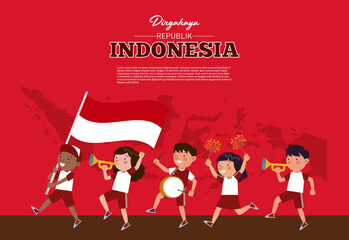 A group of Indonesian kids are playing music and one of them is holding Indonesian flag with the background of the Indonesian archipelago to commemorate Indonesia's independence day.