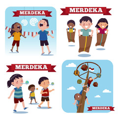 A group of Indonesian kids are conducting competitions which are usually held on August 17, such as marbles competition, cracker eating competition, and areca climbing competition.
