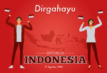 A pair of Indonesian men and women with red and white outfit are holding the Indonesian flag with the background of the Indonesian archipelago to commemorate Indonesia's independence day.