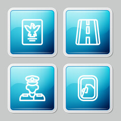 Set line Passport, Airport runway, Pilot and Airplane window icon. Vector