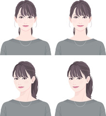 Woman with a ponytail. A set of front  and three-quarter view face. Two types, a standard expression and a smile.