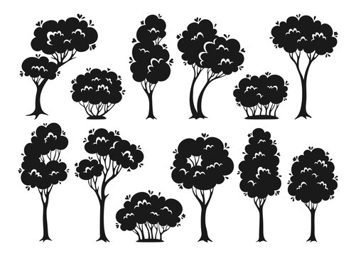 Trees and shrub cartoon silhouette set. Abstract engraved evergreen stylized plant botanical collection, nature shape bush. Deciduous tree with leaves and lush crowns. Green park, forest stamp vector