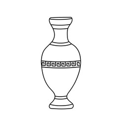 Vector illustration of a clay jug with greek ornament in the doodle style isolated on a white background.