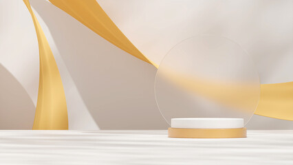 3d mock up render template of white and yellow podium in landscape with frosted glass and curtain