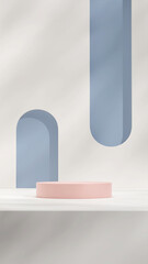 3d rendering template of pastel pink podium in portrait with white background and blue door hole