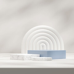 3d rendering mock up blue and marble texture podium in square with white arch and sun shadow