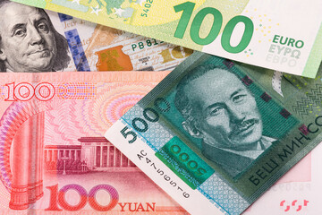 Kyrgyz banknote in denominations of 5000 soms, 100 Chinese yuan, 100 US dollars, 100 euros