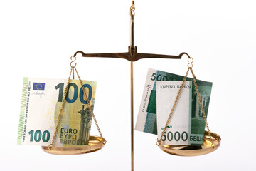 Kyrgyz banknotes in denominations of 5000 soms on one scale pan and a bill of 100 euros on the...