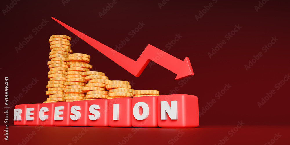 Poster 3d rendering concept economic recession. downtrend arrows above stacks of coins and recession text.
