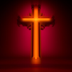 Christian cross with backlight. Religion concept illustration. 3D render