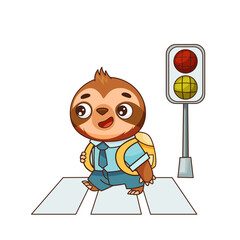 Kawaii baby sloth walks across the road at a crosswalk with a backpack. Vector illustration for designs, prints, patterns. Isolated on white background