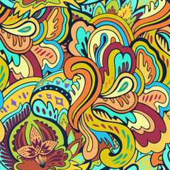 Fototapeta na wymiar Seamless pattern with floral and plants element in psychedelic funky style in pastel colors
