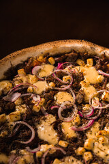 Perfect Pasta Classic Italian Homemade Artisan Bacon Tomato Sauce Sausage Sweet Melted Cheese Onion Chicken Meat Shrimp Menu Gourmet on a Dark Background