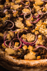 Perfect Pasta Classic Italian Homemade Artisan Bacon Tomato Sauce Sausage Sweet Melted Cheese Onion Chicken Meat Shrimp Menu Gourmet on a Dark Background