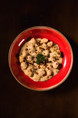 Perfect Pasta Classic Italian Homemade Artisan Bacon Tomato Sauce Sausage Sweet Melted Cheese Onion Chicken Meat Shrimp Menu Gourmet on a Dark Background