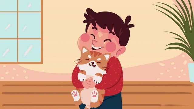 boy with little cat mascot animation
