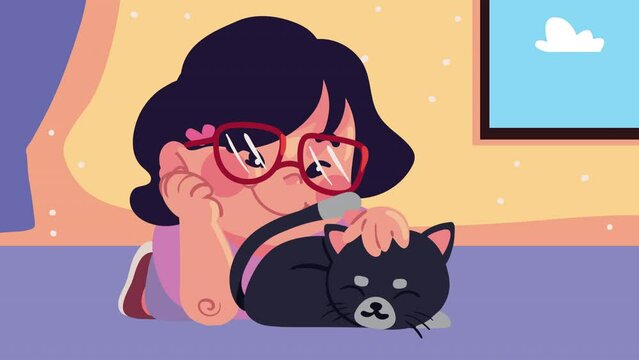 girl with little cat mascot animation