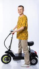 guy in an electric car. man in the studio on a tricycle. travel white background. electric scooter....
