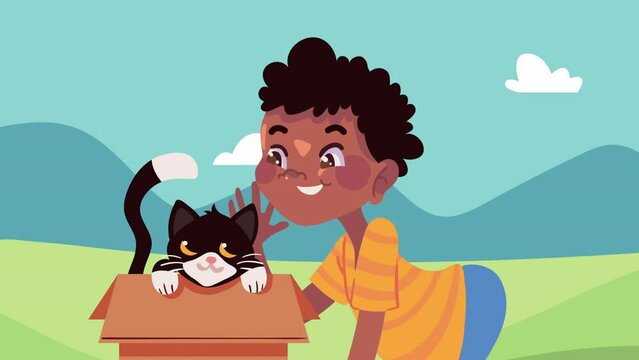 afro boy with little cat mascot animation