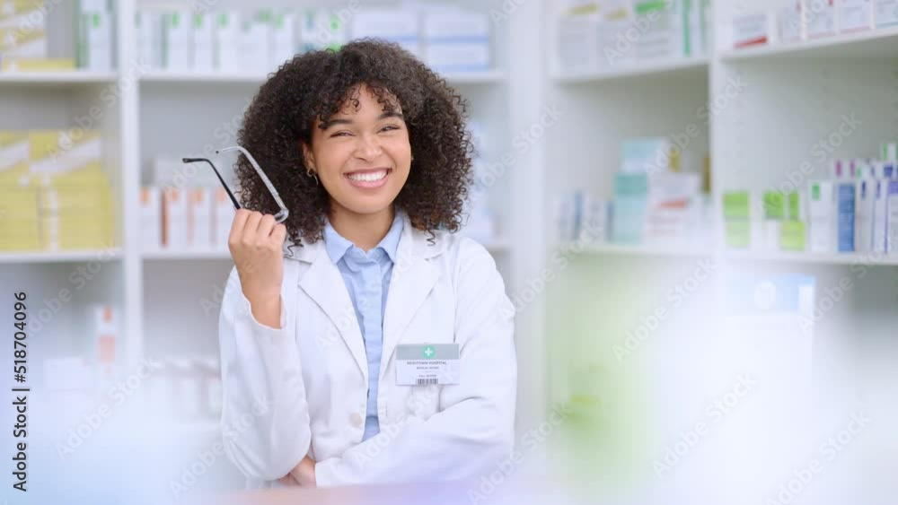 Canvas Prints A friendly female pharmacist with a bright smile is about to help patients at the dispensary. Portrait of happy woman healthcare professional smiling at the pharmacy. A doctor taking off her glasses