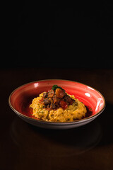 Perfect Pasta Classic Italian Homemade Artisan Bacon Tomato Sauce Sausage Sweet Melted Cheese Onion Chicken Meat Shrimp Menu Gourmet on a Dark Background