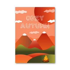 Autumn landscape simple flat vector illustrations. hello autumn, autumn seasons. Perfect fall postcard card. Autumn mountains. Cozy autumn.