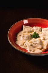 Perfect Pasta Classic Italian Homemade Artisan Bacon Tomato Sauce Sausage Sweet Melted Cheese Onion Chicken Meat Shrimp Menu Gourmet on a Dark Background