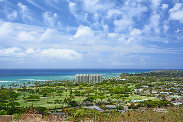 Fototapeta premium View overlooking Kahala with hotel and golf course in Honolulu on the island of Oahu in Hawaii. 