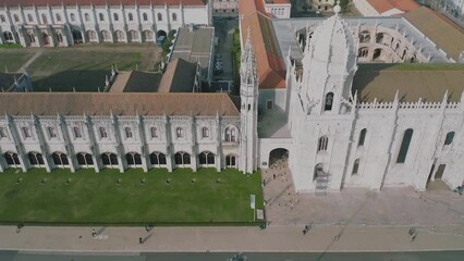 Lisbon. Aerial view of the Jeronimos Monastery and the garden of Imperio square, in the Belem neighborhood, Lisbon, Portugal.