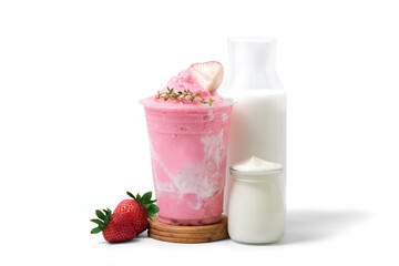 Strawberry yogurt smoothie with Strawberry fruit,yogurt bottle and milk bottle isolated on white...