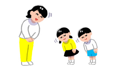 Obraz premium 私服姿の女性に挨拶する男の子女の子