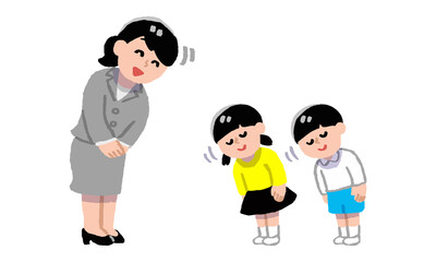 Obraz premium スーツ姿の女性に挨拶する男の子女の子