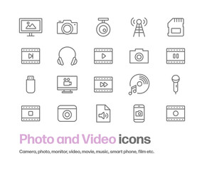 写真,カメラ,動画,ヘッドホン,マイク等のアイコンセット。フィルム,モニター,スマートフォン,sdカード等のアイコンが含まれる。